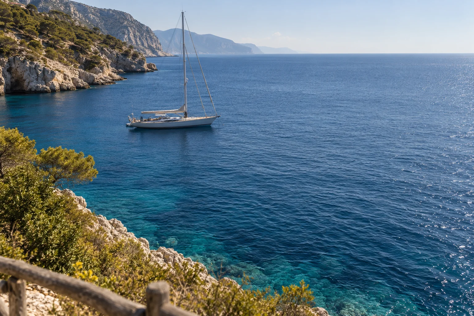 A sailing yacht at anchor in a blue Mediterranean cove