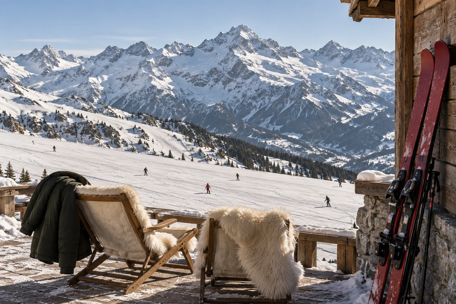 Skis and empty deckchairs on a mountain terrace overlooking snowy slopes